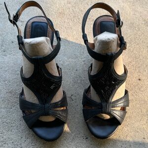 Clark’s black leather wedge cork sandals with beadwork